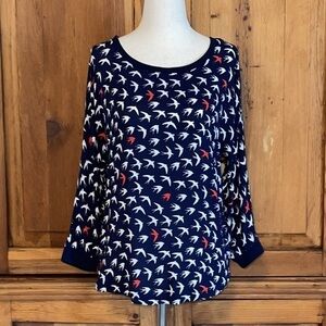 MAUVE ANTHRO RED WHITE & BLUE SWALLOW BIRDS BLOUSE Sz. 2